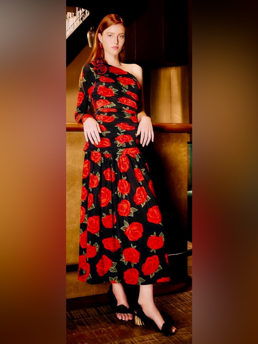 Farm Rio NWT Dress Black Latin Roses 3d Flower One-Shoulder Draped Maxi
Dress